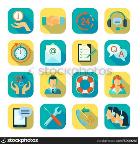 Flat Style Color Icons Set Of Technical Support. Flat style color icons set of remote technical assistance customer support and 24 hour monitoring isolated vector illustration