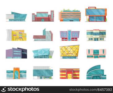 Flat Style Commercial Buildings Collection.. Set of commercial buildings, architecture variations in flat design. Modern structures vector for web design, app icons, navigation services. Shop, mall, supermarket, business center illustrations.