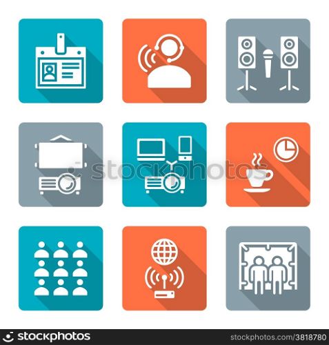 flat style conference concept white icons set. vector flat design white conference theme icons with shadow