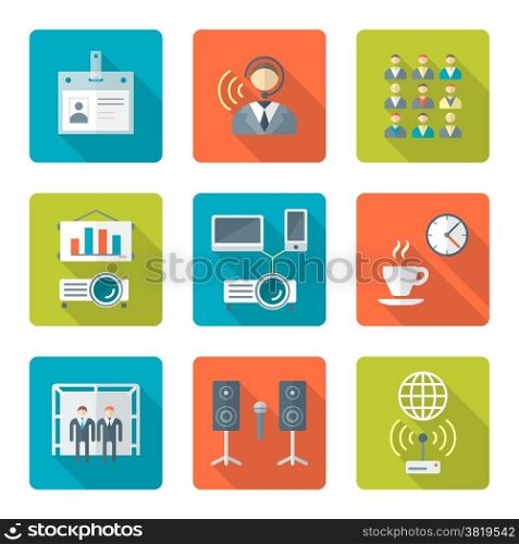 flat style conference presentation icons set. vector flat design conference presentation theme icons with shadows