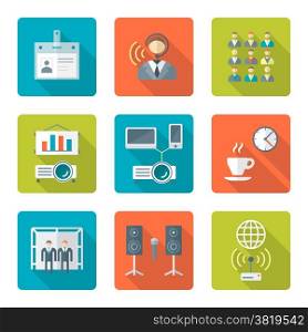 flat style conference presentation icons set. vector flat design conference presentation theme icons with shadows