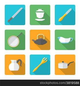 flat style design dinnerware icons set. vector various flat design dinnerware tableware utensil icons with shadows