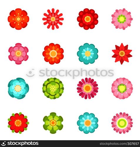 Flat style different flowers in garden. Summer vector icon set isolate on white background. Spring flower blossom, illustration of flower with color petals. Flat style different flowers in garden. Summer vector icon set isolate on white background