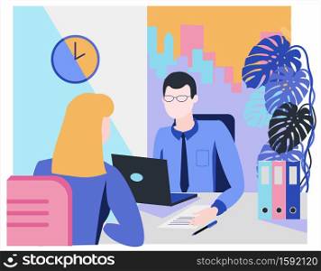 Flat style illustration. Consultation, employment, interview. Office Workers Meeting. Company employees working in the office. Staff recruitment. Resume review.