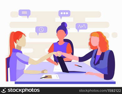 Flat style illustration. Consultation, employment, interview. Office Workers Meeting. Women working in the office. Staff recruitment. Resume review. Cooperation, handshake. Work agreement.