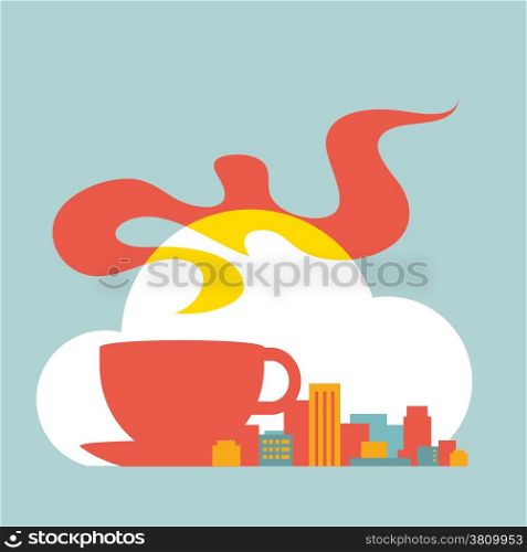 Flat style illustration modern city with cup of coffee and cloud. The city looks like a train