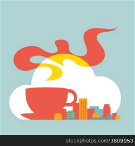 Flat style illustration modern city with cup of coffee and cloud. The city looks like a train