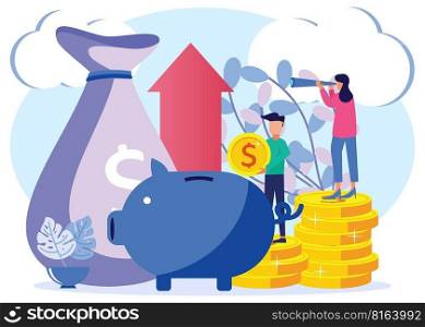 Flat style illustration vector, piggy bank on white background, financial services, saving or raising money, business growth has increased sharply.