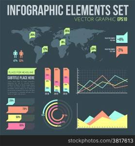 flat style infographic elements set with diagrams. vector flat design infographic elements set with map and charts on dark background