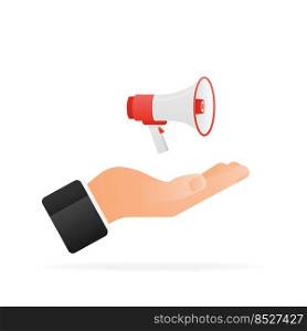Flat style megaphone in hand. Hand hold megaphone. Vector flat illustration.. Flat style megaphone in hand. Hand hold megaphone. Vector flat illustration