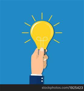 Flat style modern idea innovation light bulb concept. Conceptual web illustration of businessman hand holding lamp. Business strategy planning objects icon set collage.. Hand holding light bulb. Business idea concept.