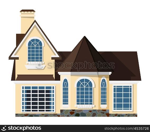 Flat style. Small two-storey house with beautiful arched windows on a white &#xA;background. Icon Building. Element for the site estate agency. Symbol of wealth and success. &#xA;Stock vector illustration