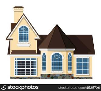 Flat style. Small two-storey house with beautiful arched windows on a white &#xA;background. Icon Building. Element for the site estate agency. Symbol of wealth and success. &#xA;Stock vector illustration
