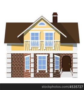 Flat style. style. Small beautiful two-storey house with bay window on a white background. &#xA;Icon Building. Element for the site estate agency. Symbol of wealth and success. Stock vector illustration