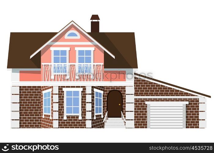 Flat style. style. Small beautiful two-storey house with garage on a white background. Icon &#xA;Building. Element for the site estate agency. Symbol of wealth and success.