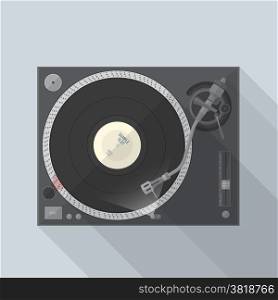 flat style turntable with vinyl record in work . vector flat design vinyl dj turntable with shadows