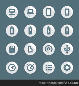 flat style various device icons set. vector dark gray white flat design round various device icons set long shadows