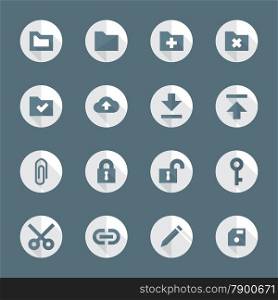 flat style various file actions icons set. vector dark gray white flat design round various file actions icons set long shadows