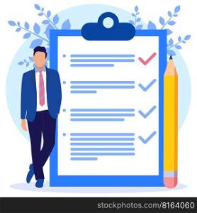 Flat style vector illustration. A business man in a formal suit fills out a checklist on clipboard paper. Big pencil, mission concept complete.