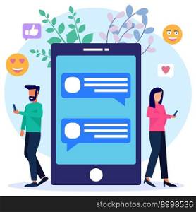 Flat style vector illustration. a woman and a guy are chatting, making friends with big phone and emojis in the background. Virtual dating and relationship app. Chat balloon.