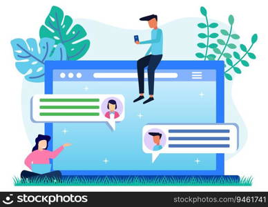 Flat style vector illustration. a woman and a guy are chatting, making friends with big phone and emojis in the background. Virtual dating and relationship app. Chat balloon.