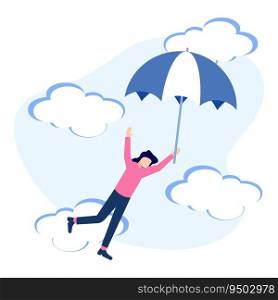 Flat style vector illustration, achievement concept, female character holding on umbrella flying up, moving towards goal.