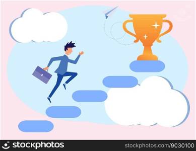 Flat style vector illustration, business concept. Reaching the goals of the businessman climbing the ladder of success. Professional growth, self-confidence, determination and clear motivation.