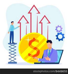Flat style vector illustration, businessman building having a business increase. The company achieved a rise in the startup vector.