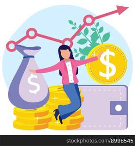 Flat style Vector Illustration. Cartoon Personal Finance Target Metaphors. Office Entrepreneur Standing holds up a pouch filled with Gold Dollar Showing Coins. Wallet with money bag. Loan Offer.