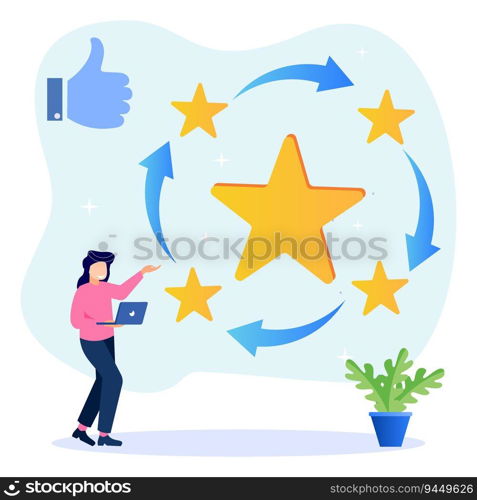 Flat style vector illustration. Customers Give Five Star Feedback. Clients Choose Satisfaction Ratings and Leave Positive Reviews. Customer Service Concepts and User Experience.