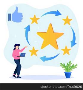 Flat style vector illustration. Customers Give Five Star Feedback. Clients Choose Satisfaction Ratings and Leave Positive Reviews. Customer Service Concepts and User Experience.
