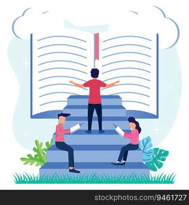 Flat style vector illustration. Exploring science at the gate of education for new knowledge. Hobbies are reading and literacy. Broaden horizons and learning scene with literature.