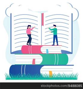 Flat style vector illustration. Exploring science at the gate of education for new knowledge. Hobbies are reading and literacy. Broaden horizons and learning scene with literature.
