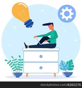 Flat style vector illustration. Freelance Worker Laptop Work Sitting on a mini cabinet Thinking about tasks. Brainstorming Freelance Outsourcing Worker Jobs.
