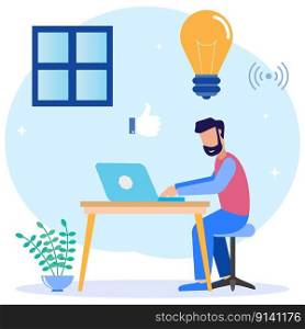 Flat style vector illustration. Freelancers Work Laptops Sitting at Desks at Work Thinking about Tasks. Brainstorming Freelance Outsourcing Worker Jobs.