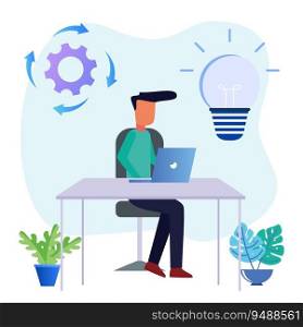 Flat style vector illustration. Freelancers Work Laptops Sitting at Desks at Work Thinking about Tasks. Brainstorming Freelance Outsourcing Worker Jobs.