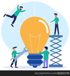 Flat style vector illustration looking for ideas working together brainstorming. Creative and innovative process with critical thinking. Light bulbs as bright unrealized thoughts.