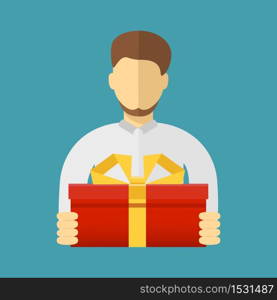Flat style vector illustration. Man holding big ribbon bow wrapped gift box in his arms.. Man holding big ribbon bow wrapped gift box in his arms. Flat style vector illustration, isolated on white background.