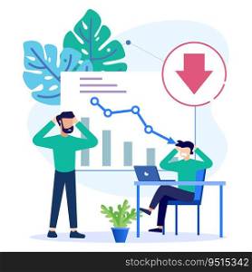 Flat style vector illustration. Management fails to make a profit, businessmen sad around, business falls down the chart, arrows, business fails, risk, trouble.
