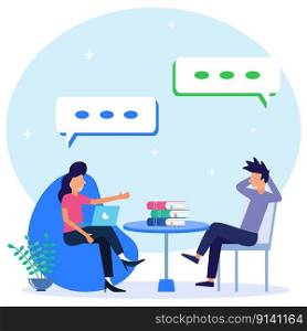 Flat style vector illustration of a business concept of an entrepreneur undergoing therapy with a psychologist, mental guide, solutions to problems.