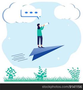 Flat style vector illustration of achievement business concept, businessperson standing on paper airplane, moving towards a goal.
