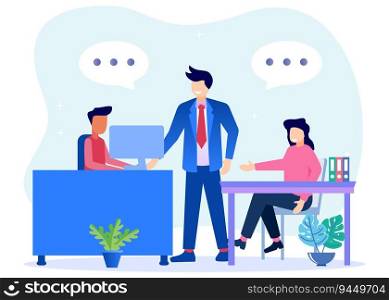 Flat style vector illustration of boss and employee character discussion, vector collective thinking and brainstorming, company information analysis.