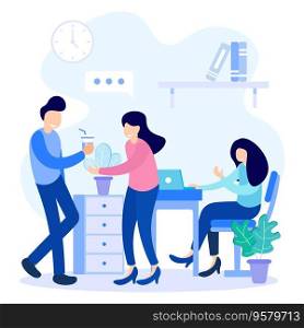 Flat style vector illustration of company activity. Relations between employees and leaders, increase in company income.
