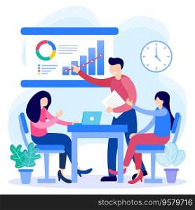 Flat style vector illustration of company activity. Relations between employees and leaders, increase in company income.