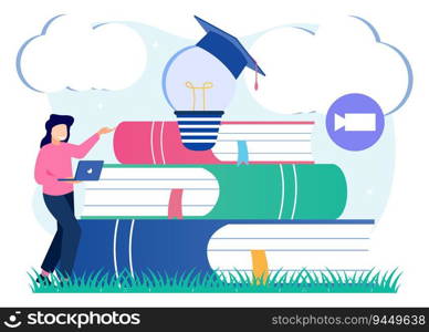 Flat style vector illustration of Education or personal skills and intelligence enhancement. Knowledge growth by reading books. Learn online.