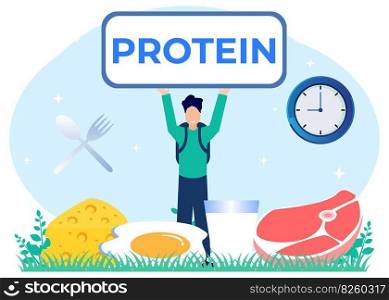 Flat style vector illustration of protein as amino acid food menu concept. Biomolecules and macromolecules for a healthy and athletic lifestyle. Nutrition and Meet the nutritional needs of the body.