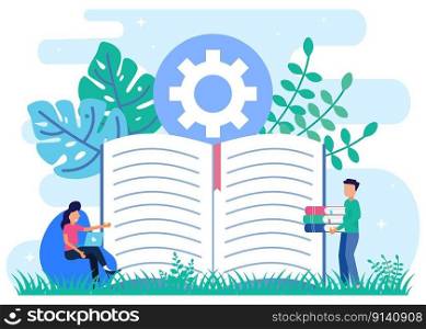 Flat style vector illustration of studying business with guidebook. Character of people Looking for information, ideas, consulting, education, business and lifestyle.