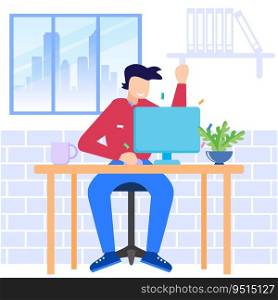 Flat style vector illustration of working from home and communicating with remote workstation company. Freelance job process scene.