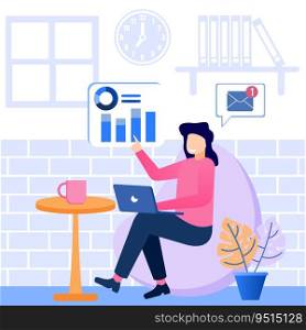 Flat style vector illustration of working from home and communicating with remote workstation company. Freelance job process scene.