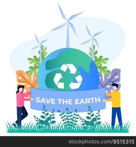 Flat style vector illustration. People care for and protect the Earth. The character of the person unfurls a banner that reads protection of the earth.